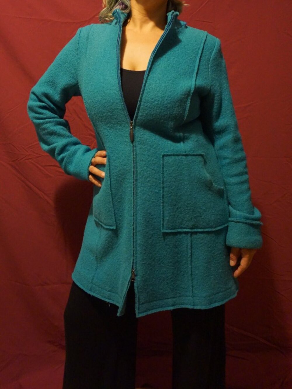 Teal Boiled Wool Zippered Coat